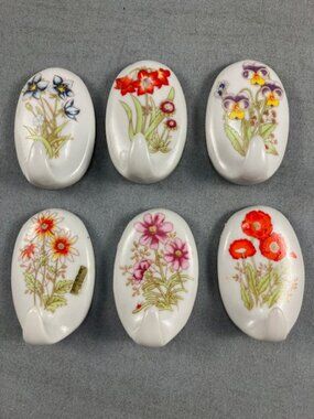 Vintage Porcelain Floral Utility Coat Garment Key Hooks 2.5"